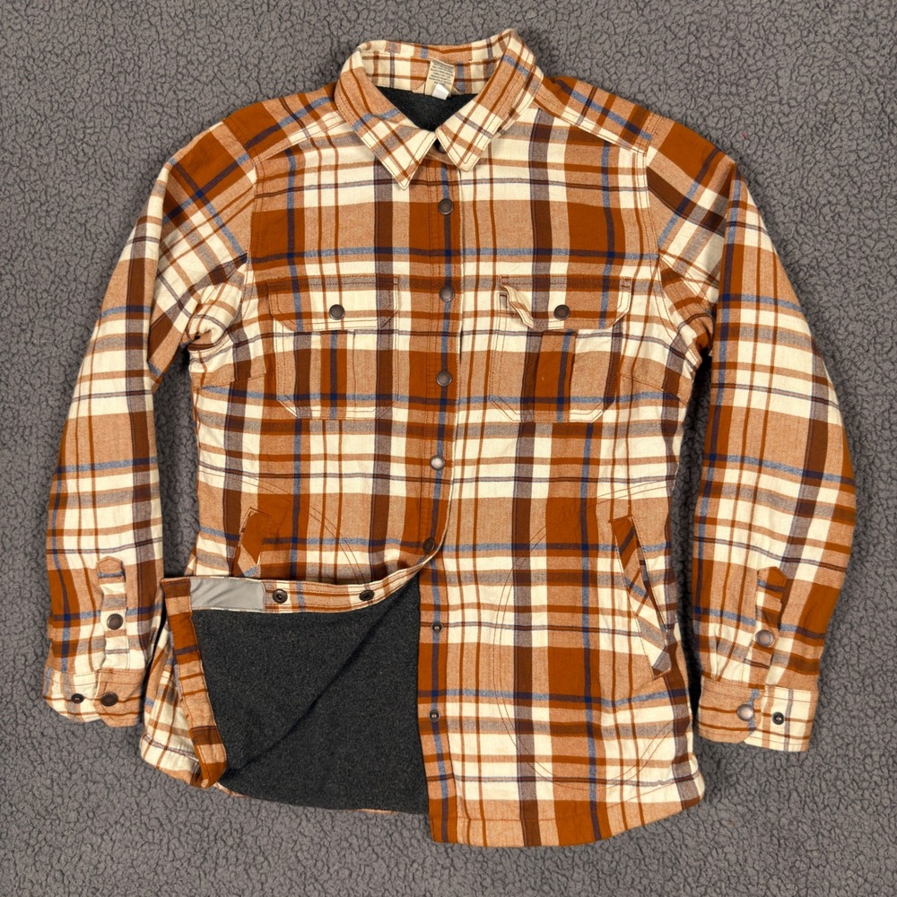 Duluth Trading Co Fleece Lined Flannel Shirt Jacket Orange Plaid Womens S Free